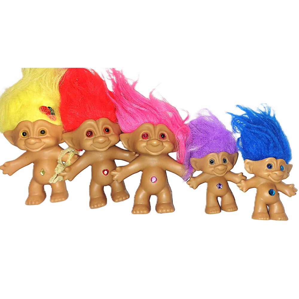 (5 K) A Rainbow of 5 Vintage Gem Belly Ace Novelty Treasure Troll Doll Lot of 5